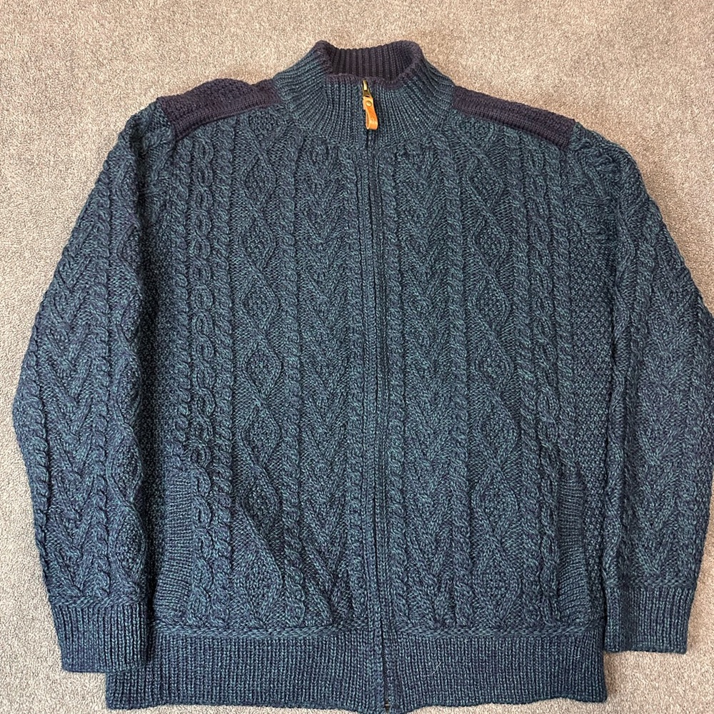 Aran Sweater Jacket Mens Large Full Zip Irish Wool Cable Knit Fisherman Blue